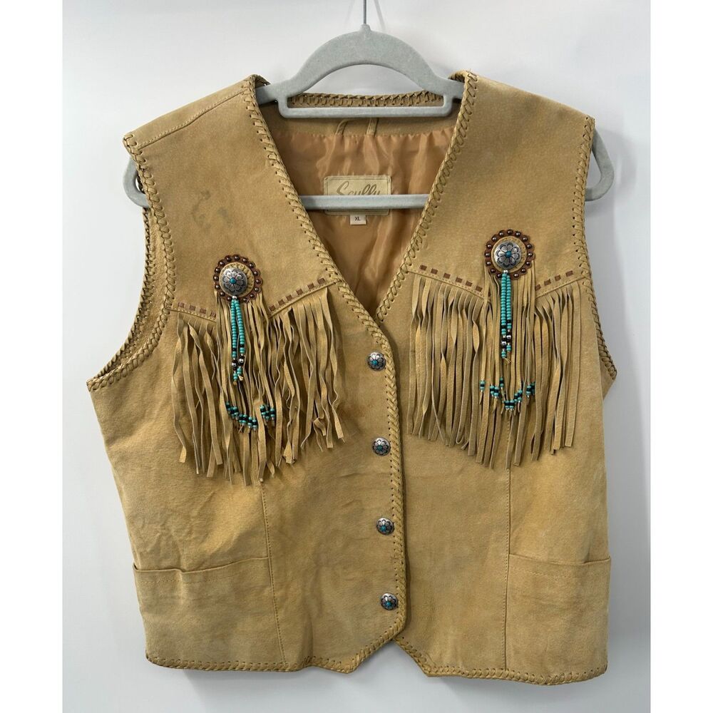 Vintage Scully Tan Leather Suede Fringe Western Snap Front XL
